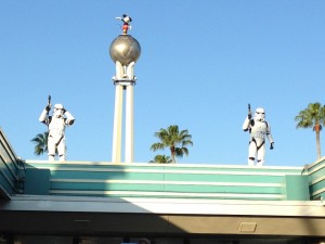Storm Troopers patrol the front gates of Disney's Hollywood Studios during their opening show