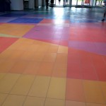Colorful tiles are all over the floor of Animation Hall