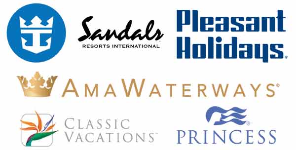 Logos of some of the travel suppliers you'll work with when you become a travel agent